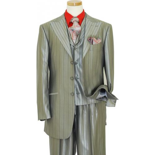 Luciano Carreli Collection Metallic Silver Grey With Charcoal Grey / Silver Grey Stripes With Silver Grey Hand-Pick Stitching Super 150'S Silk & Wool Vested Suit 6286-1781